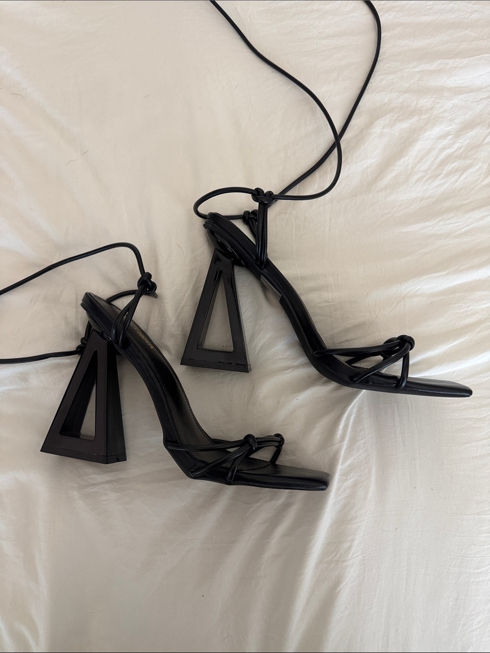 Fashion Nova Black Geometric Pyramid-Block Lace-Up Heels